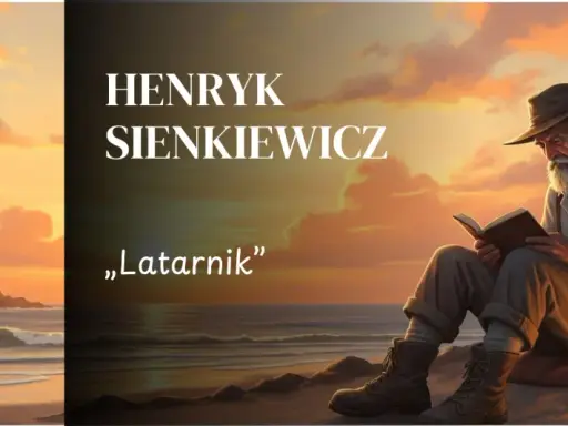 Latarnia morska na tle zachodzącego słońca, obok siedzący starszy mężczyzna czytający książkę.
