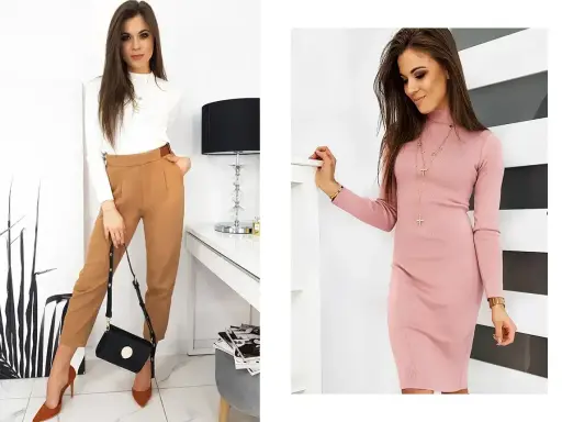Eleganckie spodnie dla klepsydry w karmelowym kolorze, idealnie podkreślające sylwetkę. Obok różowa sukienka.