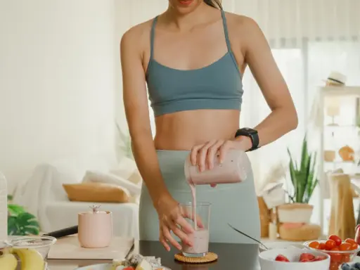 Frau bereitet einen gesunden Smoothie zu. Sie fragt sich, ob Proteinpulver beim Abnehmen hilft.