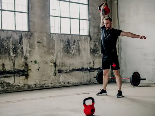 Mężczyzna wykonuje ćwiczenia z kettlebell, idealne dla początkujących. W tle sztanga i surowe wnętrze.