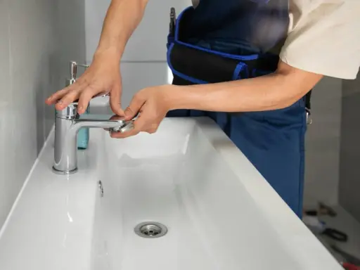 Man con mono azul trabajando en el baño, ajustando un grifo nuevo para cambiar grifo lavabo.