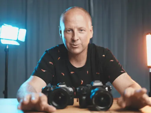 Mężczyzna z aparatami przed sobą, gotowy do rozpoczęcia kursu fotografii.