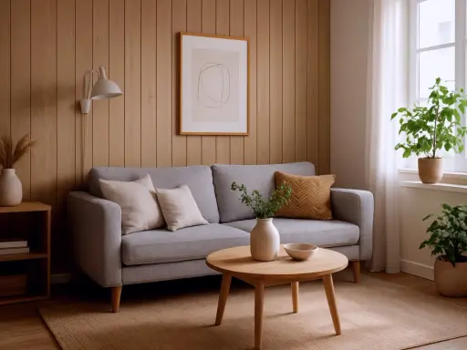 Przytulny salon z szarą kanapą i drewnianymi panelami ściennymi. Inspiracje malowanie paneli ściennych w naturalnych barwach.