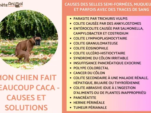 Un boxer brun fait caca dehors, sur l'herbe et les feuilles mortes. Mon chien fait beaucoup caca, voici les causes et solutions.