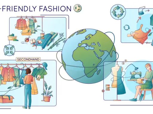 Illustrazione che mostra l'economia circolare nella moda: abiti di seconda mano, riciclo e sartoria.