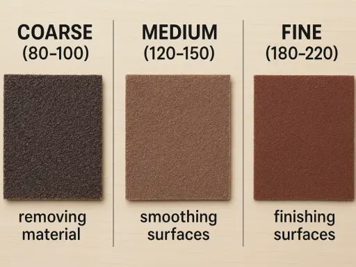 Tres lijas para pared de diferentes granos: gruesa para remover material, media para alisar y fina para acabado.