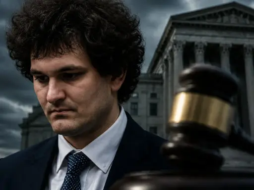 Sam Bankman-Fried w garniturze, zamyślony, na tle sądu i młotka sędziowskiego.