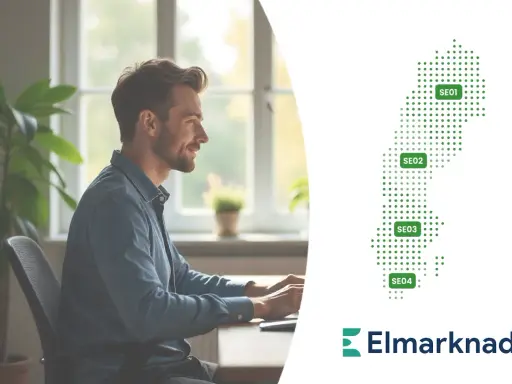 Man arbetar vid datorn, med en karta över Sverige i bakgrunden som visar elområdena SE01-SE04. Elmarknad.