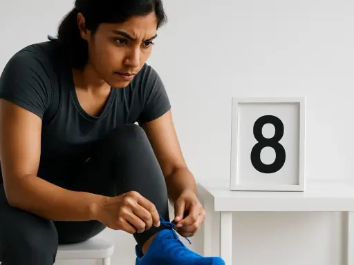 Donna si allaccia le scarpe da corsa, pronta per il suo programma corsa per dimagrire. Il numero 8 in un quadro suggerisce il giorno 8 del suo percorso.