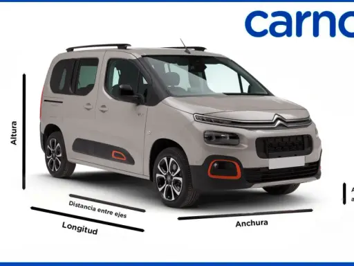 Vista frontal de un Citroën Berlingo con indicaciones de sus **citroen berlingo medidas**: longitud, distancia entre ejes, altura y altura libre al suelo.