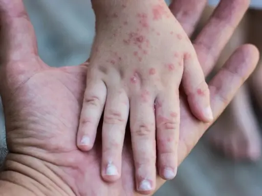 Mano de niño con erupciones rojas, síntoma de sarampión en niños, descansando sobre la mano de un adulto.