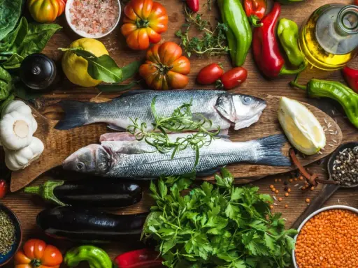 Frische Zutaten für gesunde gicht rezepte mittagessen: Fisch, Gemüse, Kräuter, Linsen und Reis.