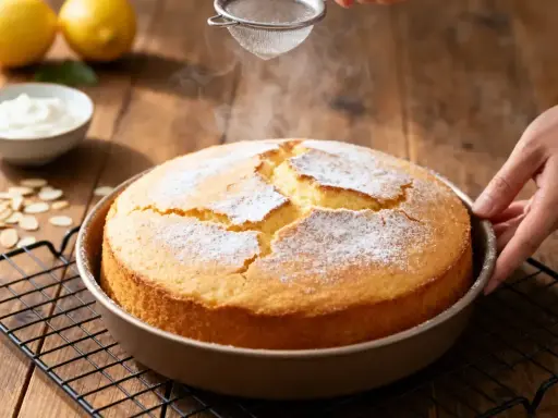 Un délicieux gâteau sans beurre, saupoudré de sucre glace, sort du four. Des citrons et de la crème sont à proximité.