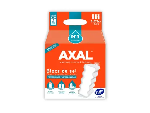 Emballage de blocs de sel pour adoucisseur d'eau AXAL. Le produit est pratique, avec une poignée, et sa forme unique est brevetée. Il est recommandé par les professionnels. Les inconvénients des adoucisseurs d'eau au sel sont compensés par la performan...