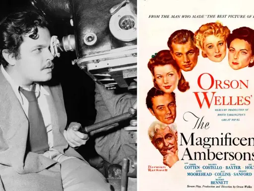 Orson Welles bakom kameran, bredvid en affisch för hans film "The Magnificent Ambersons".