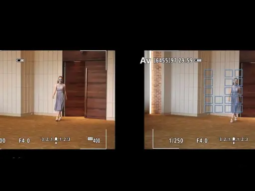Due inquadrature mostrano una donna in un abito grigio. La seconda inquadratura evidenzia cosa vuol dire AF con una griglia di punti di messa a fuoco.