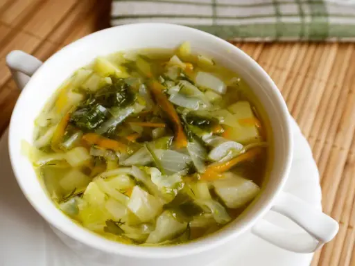 Aromaticzny kapuśniak z młodej kapusty, pełen warzyw i ziół, podany w białej miseczce.