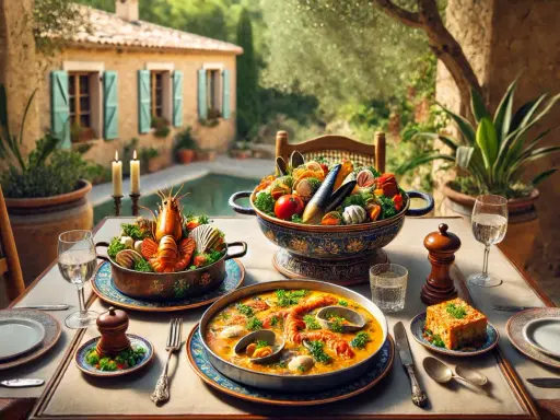 Un festin de spécialités provençales : homard, fruits de mer et bouillabaisse sur une table dressée en terrasse, avec une piscine et une villa en arrière-plan.