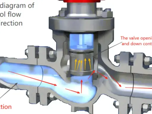 Schema di valvole attuate che controllano il flusso. Il movimento su e giù della valvola regola la direzione e l'intensità del fluido.