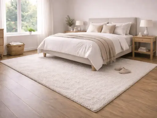 En ljus sovrumsmatta placerad framför en säng med vita sängkläder och en beige pläd.
