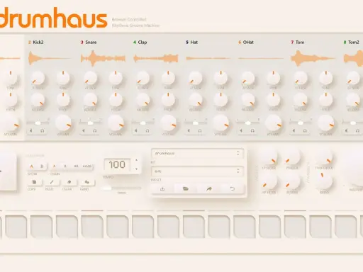 Interface de machine rythmique avec des pistes de batterie, des potentiomètres et un séquenceur pour créer un rythme accompagnement batterie.