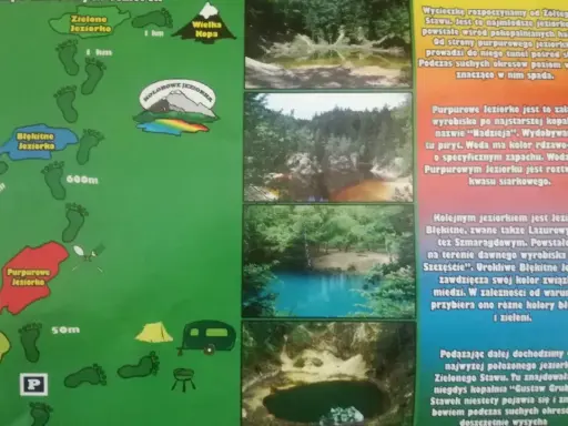 Kolorowe jeziorka: mapa szlaku przez Purpurowe, Błękitne i Zielone Jeziorko.