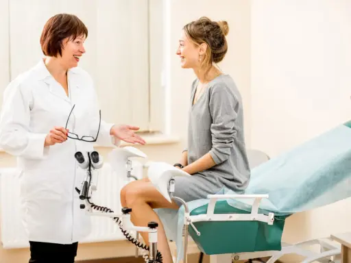 Lekarka uspokaja pacjentkę przed badaniem. Czy cytologia boli? Lekarka wyjaśnia, że nie musi.