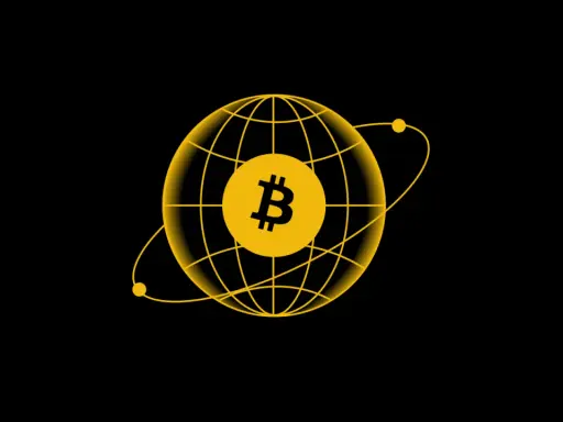 Żółta kula ziemska z symbolem Bitcoina w środku. Dowiedz się, jak płacić bitcoinem globalnie.