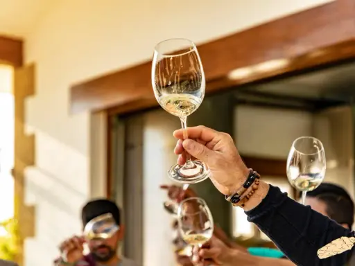 Manos brindando con copas de vino blanco. ¿Qué es chacolí? Es un vino joven y fresco, ideal para disfrutar en buena compañía.