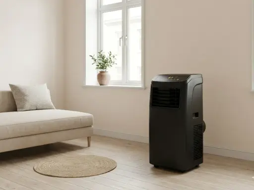 Un salon moderne avec un canapé beige, un tapis rond en jonc et un climatiseur Klarstein noir discret.
