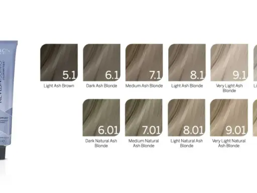 Revlonissimo Haarfarben Tabelle zeigt verschiedene Aschblond- und Naturtöne, von Dunkelbraun bis sehr hellem Blond.