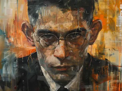 Ritratto intenso di Franz Kafka, con pennellate vibranti e un'espressione enigmatica che cattura l'essenza delle sue opere.