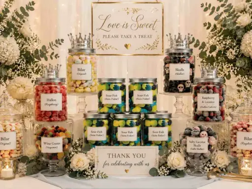 Mesa de dulces para bodas, con frascos de chuches como preparar bolsas de chuches originales. Flores y velas decoran.