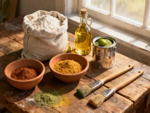 Sacs de farine, bols de pigments naturels pour peinture à la farine (ocre, curcuma, vert), huile et pinceaux sur une table en bois.