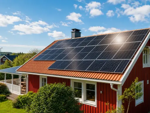 Rött hus med solpaneler på taket, en del av ett **solar edge**-system som fångar solens energi.