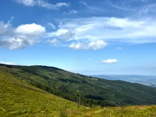 Zielone, trawiaste zbocze schodzi ku lasom i miastu w oddali. W tle widać kolejne pasma górskie i niebo z chmurami. To malownicze **beskidy szczyty**.