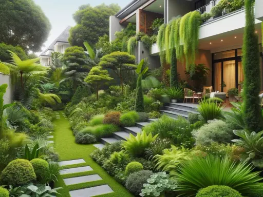 Magnifique aménagement terrasse devant maison, un jardin luxuriant avec des allées en gazon, des marches en pierre et une végétation dense et variée.