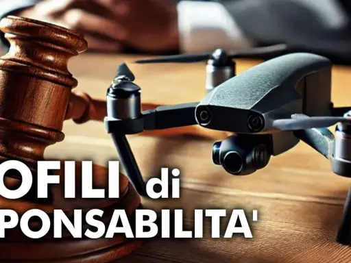 Martelletto del giudice e drone, per discutere i profili di responsabilità e le possibili conseguenze, come una multa per drone senza patentino.