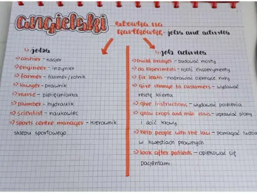 Notatki z angielskiego: jobs and activities. Lista zawodów i ich czynności, np. "farmer - uprawiać plony", "nurse - opiekować się pacjentami".