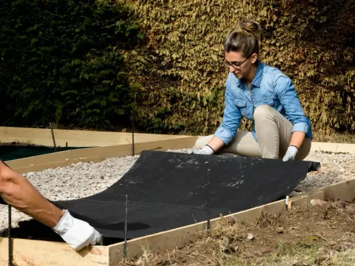 Preparando el terreno para saber como hacer hormigón para suelo. Colocando tela geotextil dentro de encofrado de madera.