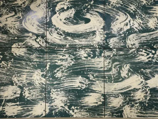 Abstract artwork by Fabienne Verdier, featuring swirling white brushstrokes and splatters on a dark green background, evoking a sense of movement and energy.
