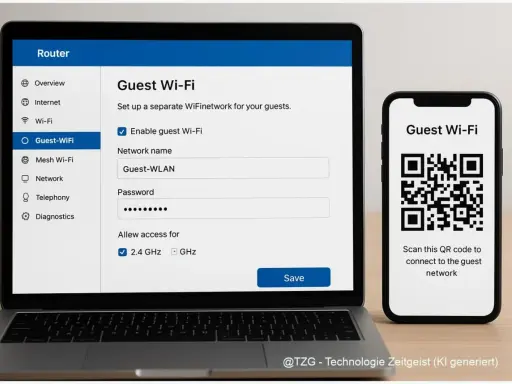 Ein Laptop zeigt die Einrichtung eines Gast-WLANs, während ein Smartphone einen QR-Code für den **WLAN-Gastzugang** anzeigt. Das Risiko liegt in der einfachen Verbindung für Gäste.