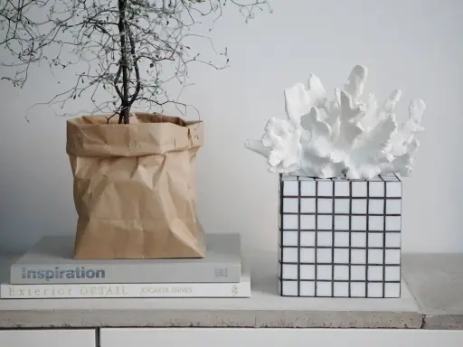 En växt i en brun papperspåse står bredvid en vit korallliknande dekoration på en rutig vas. En inspirerande diy vas-idé.