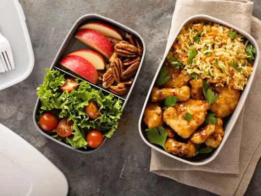 Dwa pojemniki z jedzeniem: jeden z kurczakiem w sosie, ryżem i natką, drugi z sałatką, jabłkami i orzechami. Idealne fit przepisy airfryer na lunch.