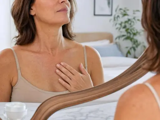 Une femme examine son décolleté dans un miroir, sa main effleurant doucement les rides.
