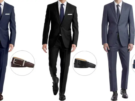 Three men in suits: navy, black, and grey. Each suit is shown with a matching belt.