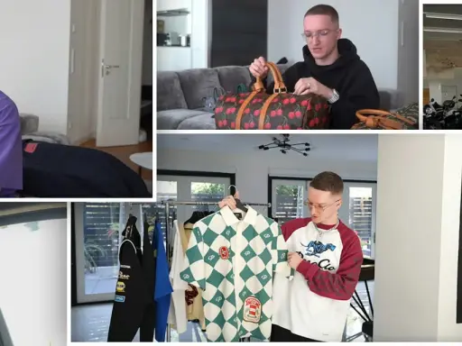 Mann mit Brille präsentiert seine Justin Modemarke Kollektion, darunter Hoodies, Hemden und eine Tasche mit Kirschen.