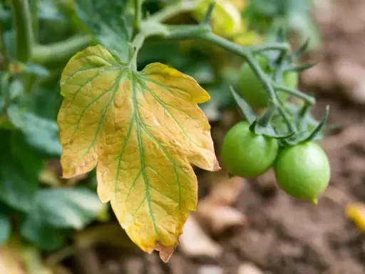 Feuille d'un jeune plant de tomate qui jaunit, contrastant avec les petites tomates vertes sur la tige.