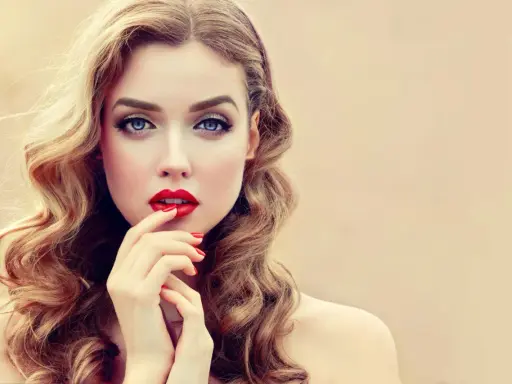 Glamouröse Frau mit voluminösen, welligen Haaren und roten Lippen. So gelingen Hollywood Waves selber machen!