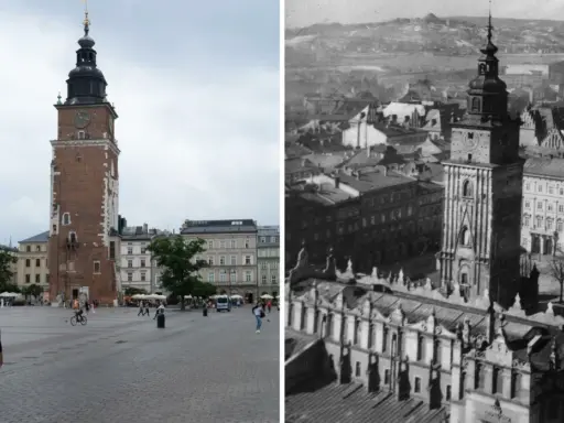 Wieża Ratuszowa na Rynku Głównym w Krakowie, porównanie współczesnego widoku z historycznym. Ile lat ma Kraków? Tysiąc lat historii w jednym kadrze.